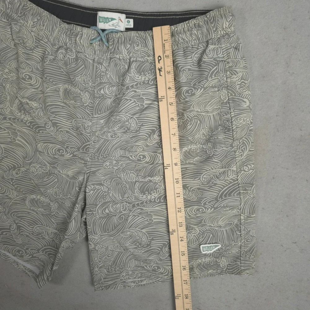 Wellen Mens Swim Trunks Grey White Wave Pattern Mesh Lined Board Shorts Size L
